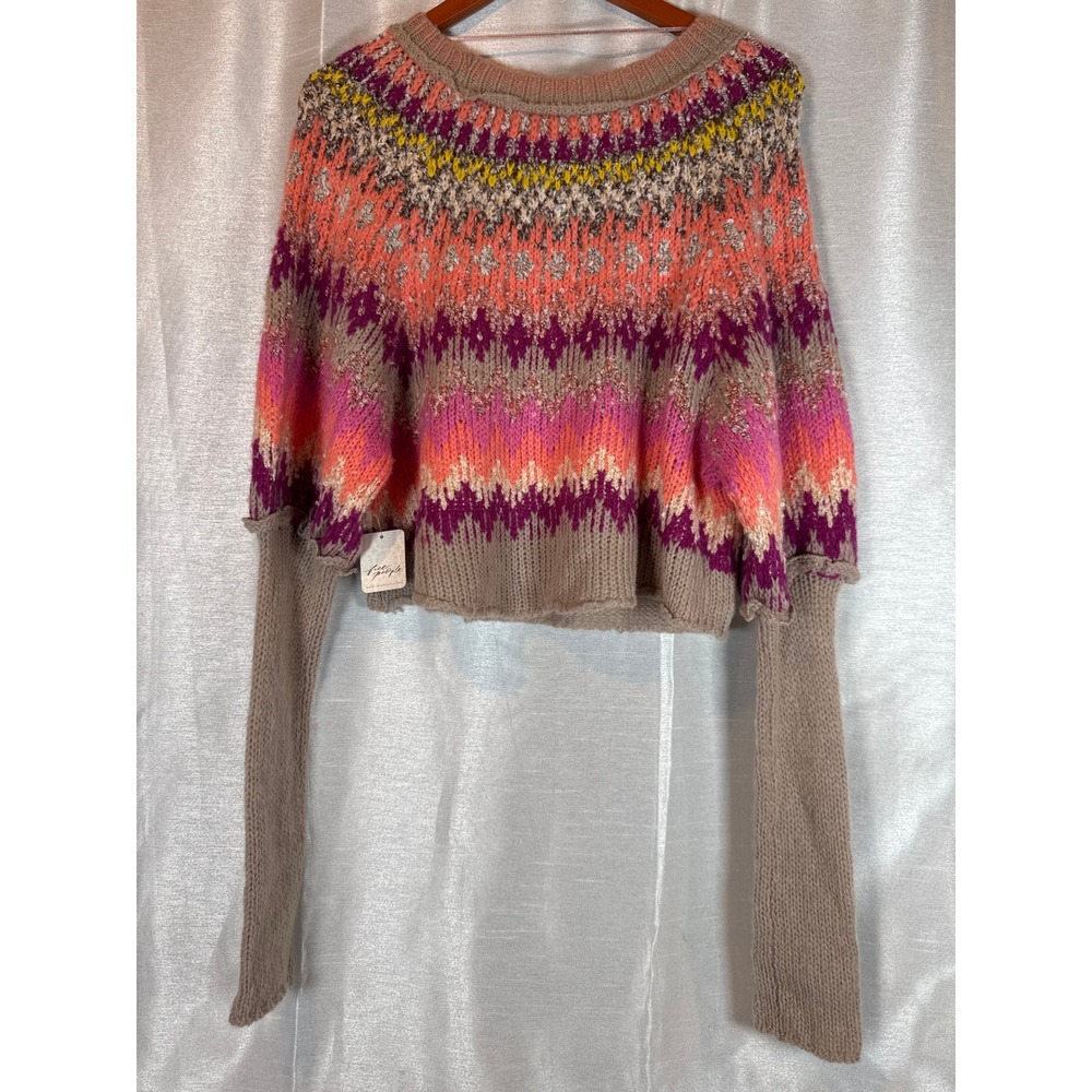 NWT S Free People Home For The Raspberry Combo Fair Isle Knit Cropped Sweater - Picture 8 of 8